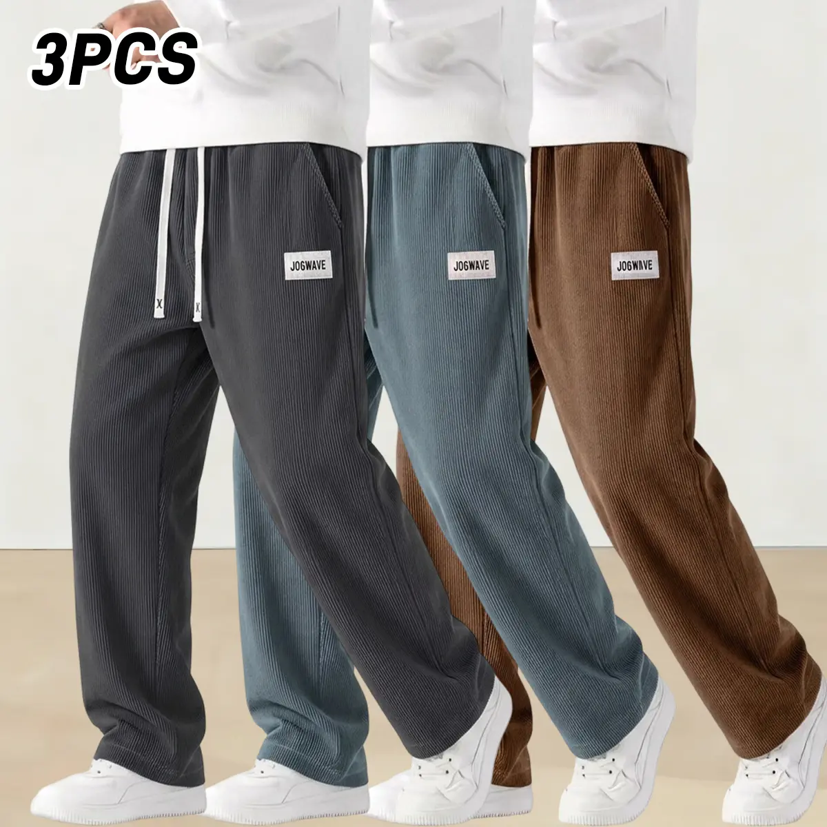 Men’s 3-Pack Corduroy Regular Leg Pants, Mid-Rise All-Season Bottoms with Drawstring, Pockets, Solid Color, Soft Machine-Washable Texture for Sporty Casual Wear, Regular Leg Men's Pants