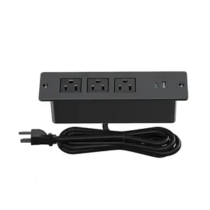 Recessed Power Strip with Extension Cord 150cm, Furniture Recessed Power Strip Extender with USB Ports 5V/2.1A, Multiple Hidden Outlet for Cabinet Nightstand, Inset Power Strip with Surge Protection 125V/12A