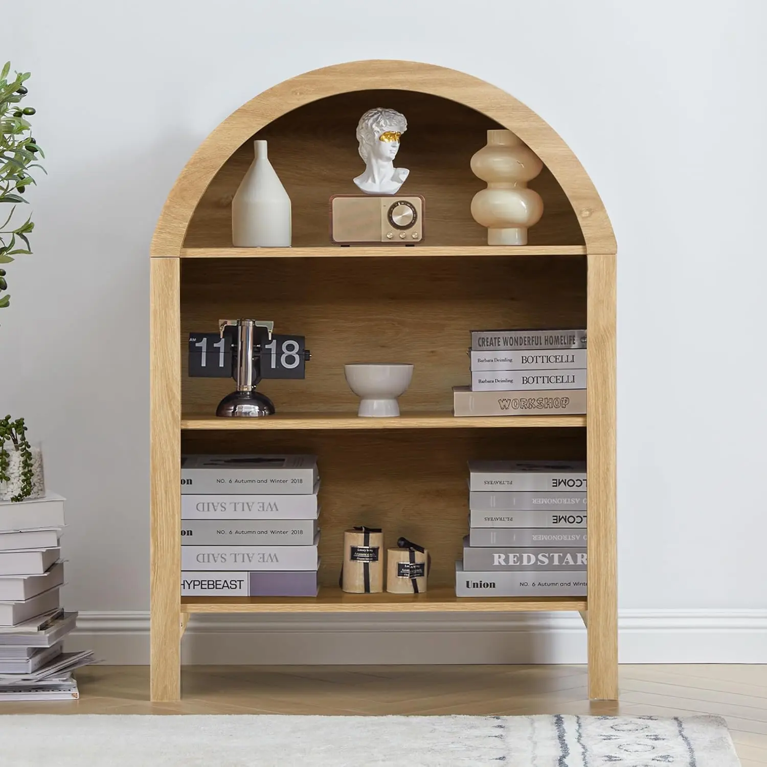 FurSch Freestanding Arched Bookcase, Modern 3-Tier Open Bookshelf, Low Short Bookshelf with Adjustable Shelves, Arched Storage Display Cabinet Organizer for Office, Living Room