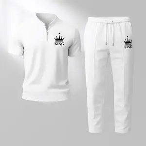 Men’s King Print Zip Henley Collar Short Sleeve and Long Pants Two Piece Set Made with Waffle Knit Fabric Breathable Soft Texture Loose Fit for Casual Everyday Wear