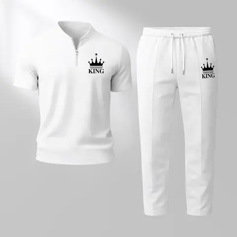 Men’s King Print Zip Henley Collar Short Sleeve and Long Pants Two Piece Set Made with Waffle Knit Fabric Breathable Soft Texture Loose Fit for Casual Everyday Wear