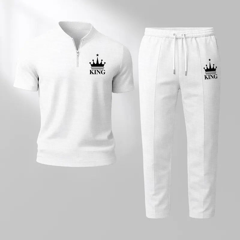 Men’s King Print Zip Henley Collar Short Sleeve and Long Pants Two Piece Set Made with Waffle Knit Fabric Breathable Soft Texture Loose Fit for Casual Everyday Wear