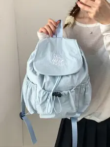 Fresh Drawstring Embroidered Backpack, Soft Cute Gathered Design Lightweight Cotton Feel, Daily Commute School Shopping Bag, Casual Backpack, Easy to Carry