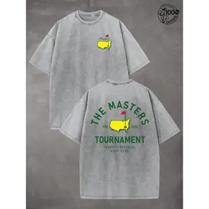 "THE MASTERS" Golf Pattern Washed T-Shirts for Men And Women, Wash Cotton High-Quality Cotton Printed T-Shirts, Men's Summer Clothing, Comfortable T-Shirt, Suitable For Street Retro And Outdoor Sports And Leisure, Y2K Style Outfit, Ball Sports T-Shirts