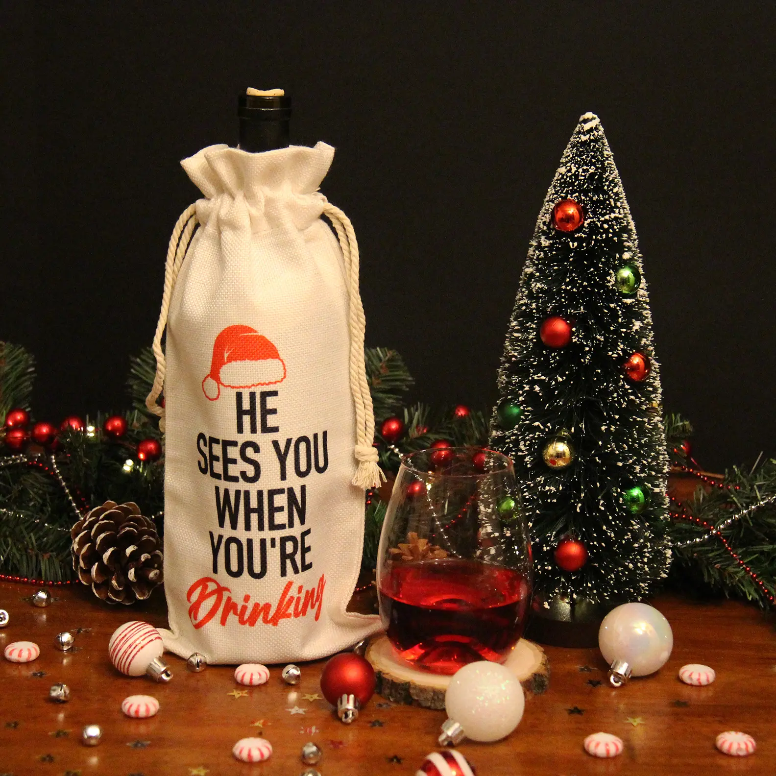 He Sees You When Youre Drinking Wine Bottle Bag - Liquor Sublimation Printed Bottle Bag - Festive Canvas Bag - Liquor Gifting Bag