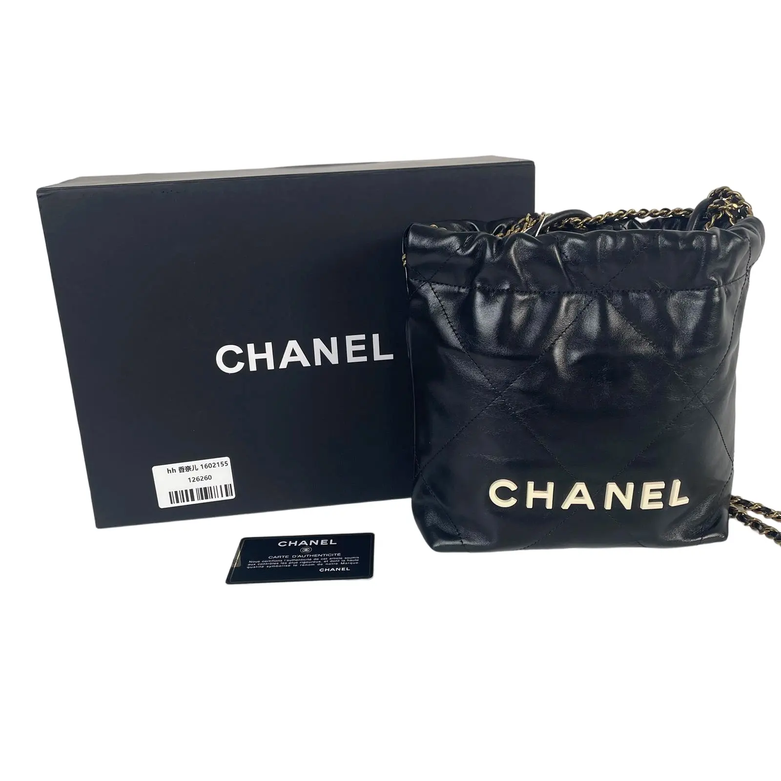 Pre-owned CHANEL calfskin leather Shoulder Bags 22 Mini Hobo Bag, Black Shiny Calfskin, Gold tone Letter Logo Hardware, Full Original Packaging++Bag charm++