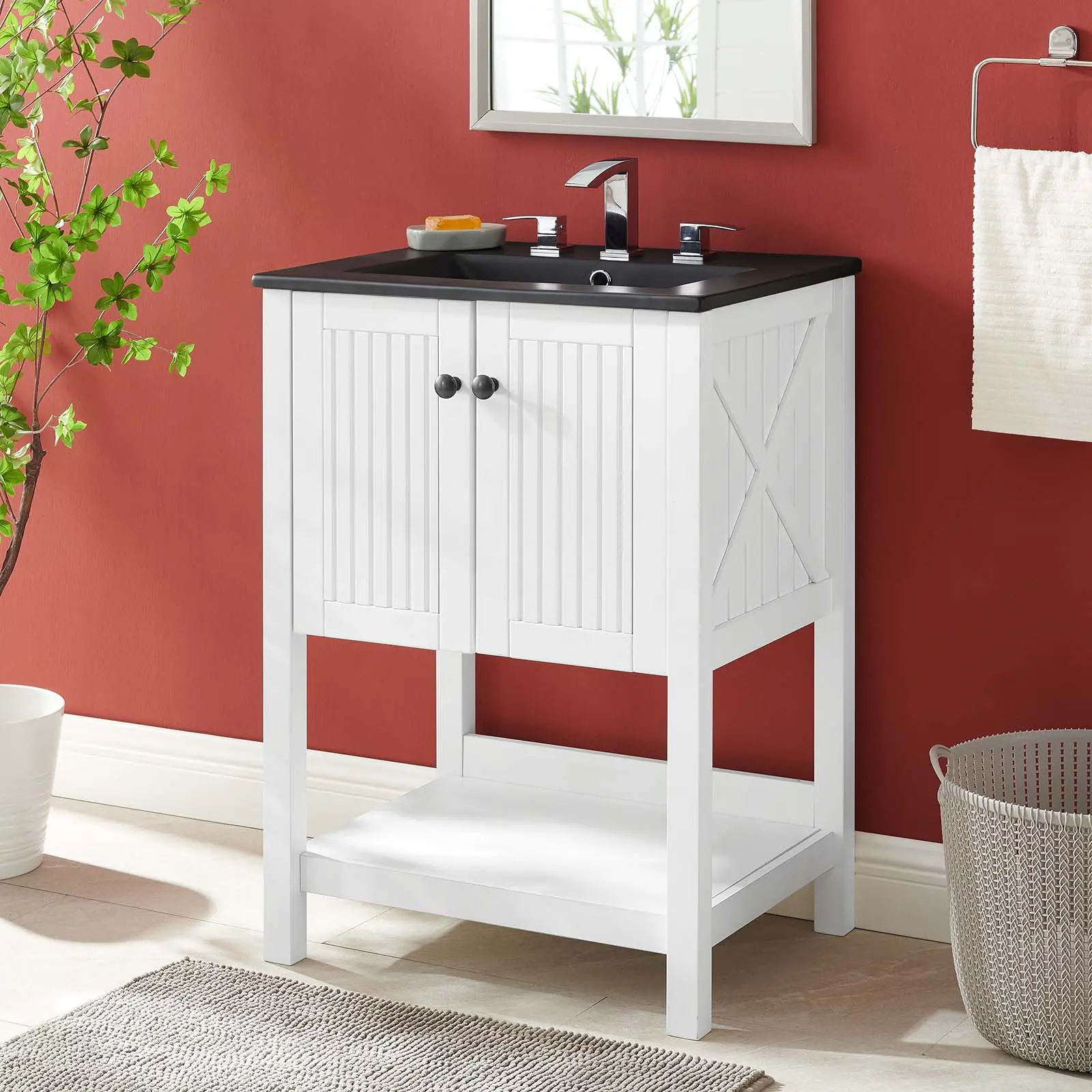 Modway Steam 24" Bathroom Vanity with 24" Basin Top, White-Black Finish, Country Cottage Style Bathroom Storage Cabinet with Floor Protectors