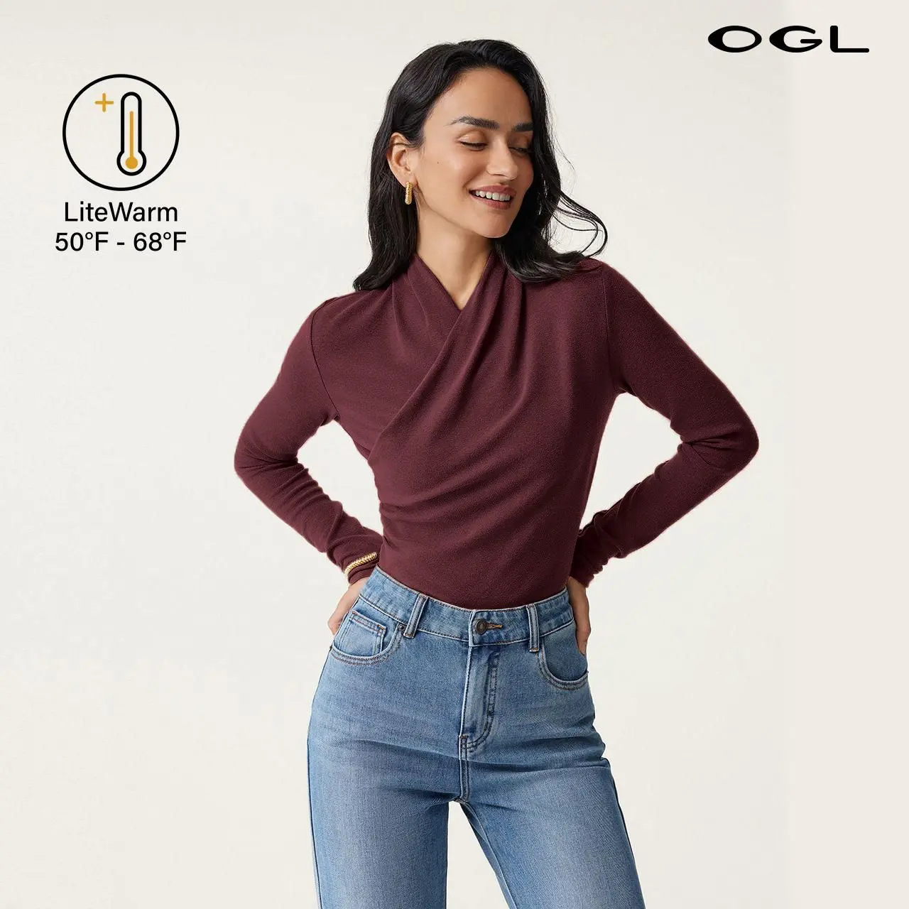 OGL Surplice Long Sleeve Top - Casual Korean Minimalist OL Style Medium Length Autumn Plain Women's Clothing teacher bae's outfit TikTokShopSummerSale