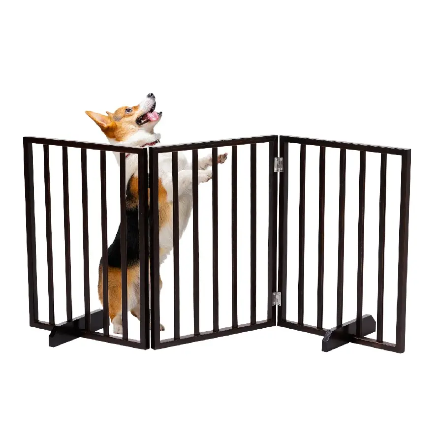 CalidoCasa 24-Inch Walnut Wooden Folding Pet Gate - 3 Folding Panels, Freestanding, Solid Slats, Hardwood-Safe Ft, Portable Indoor Barrier for Small Pets, Great for Hallway Control, Kitchens, Floor Protection, Anti-Jumping, Bedrooms