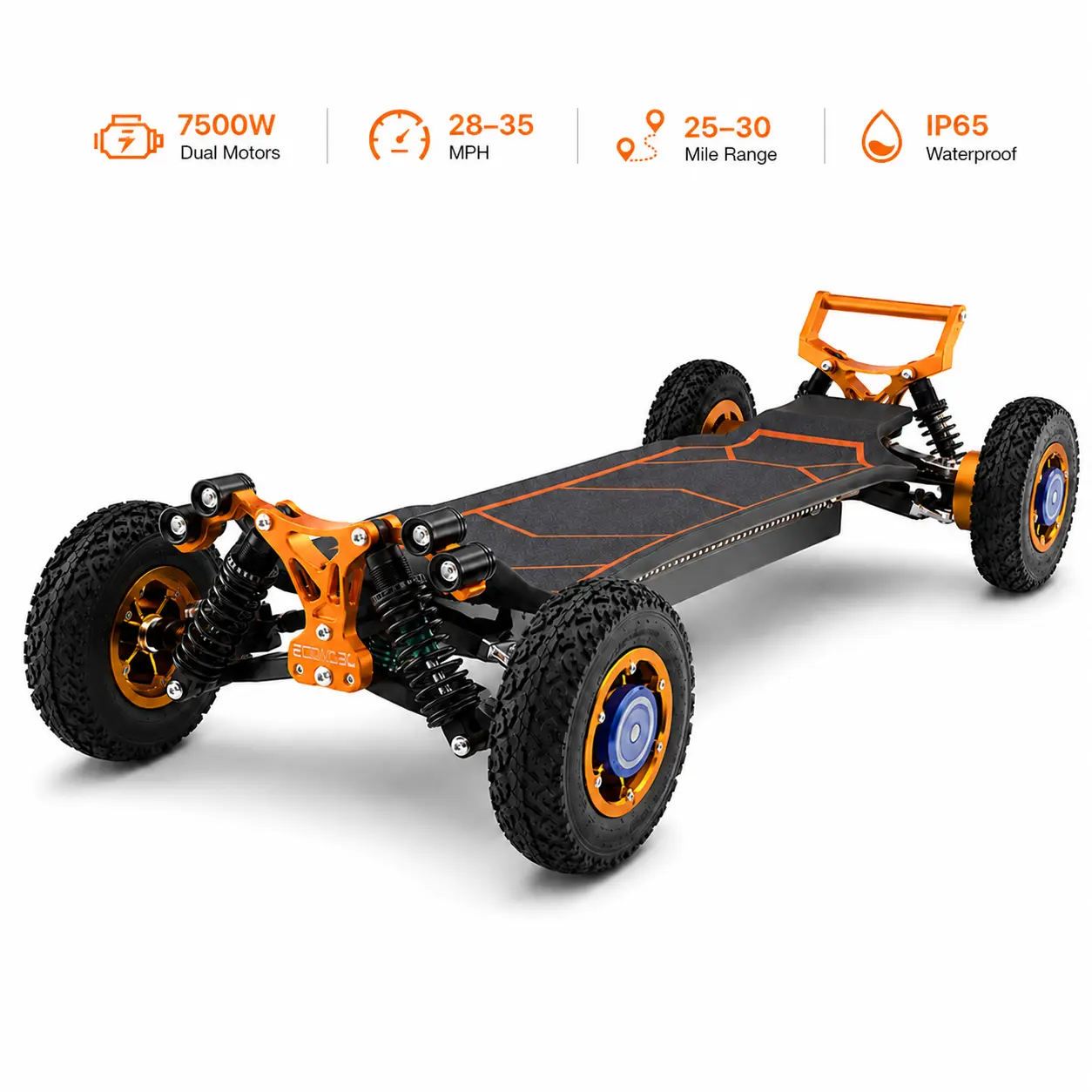 All-Terrain Electric Skateboard with 7500W Dual Motors, 28-35 MPH Speed, 25-30 Mi Range, IP65 Waterproof Rating All-Terrain Electric Skateboard with 7500W Dual Motors, 28-35 MPH Speed, 25-30 Mi Range, IP65 Waterproof Rating