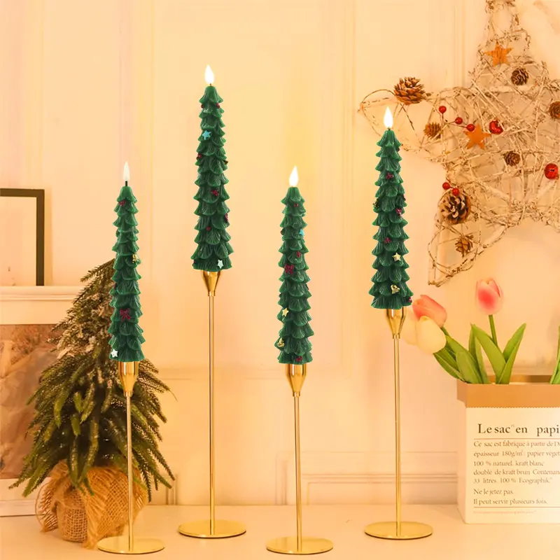 4Pcs Christmas Tree Flameless Taper Candles Flameless Window Candles with Remote Timer, 9.8" Battery Operated 3D Wick LED Flickering Taper Candle for Home, Wedding, Party Decorations,christmas decorations