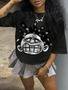 Women's Face Print Round Neck Graphic Tee, Street Fashion Casual Half Sleeve T-Shirt for Daily Wear, Everyday, Ladies Summer Clothes, Streetwear