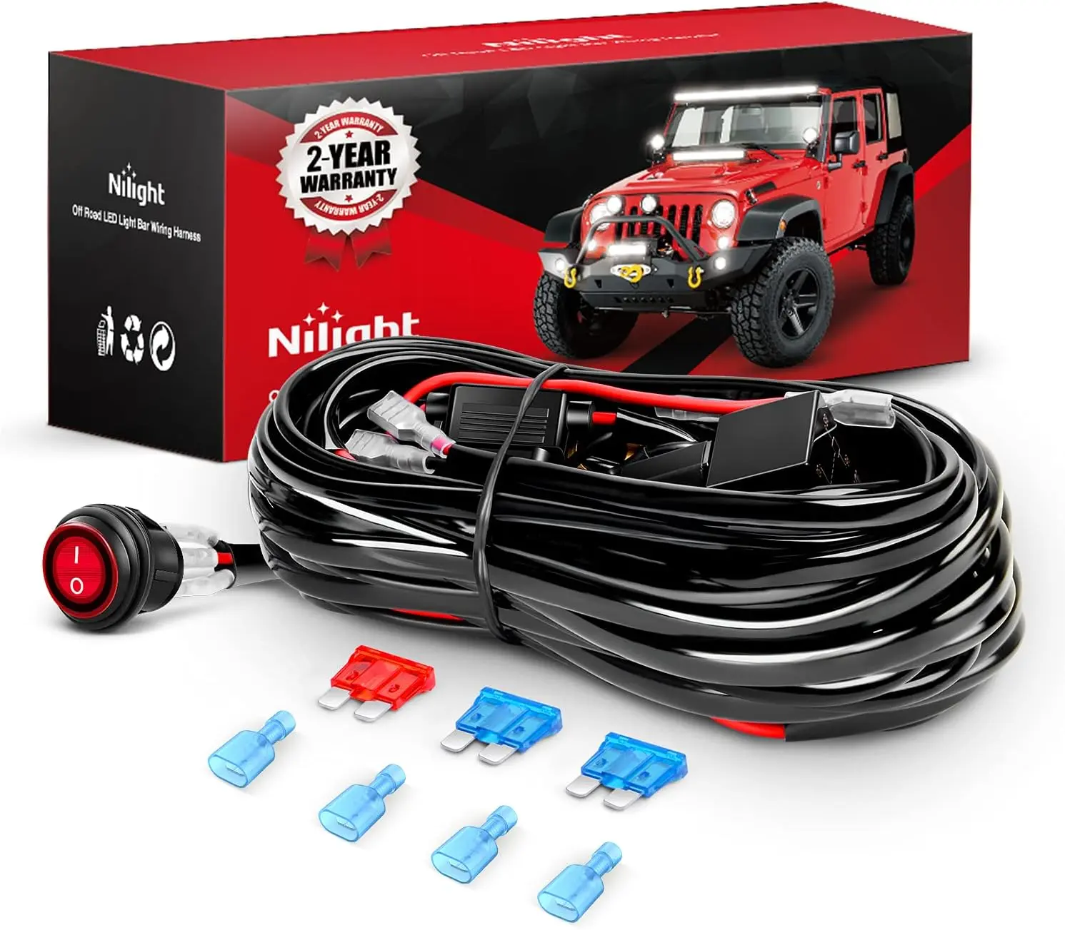 Nilight Car Lights Wiring Harness Kit - 15ft 16AWG Premium Wire, 2 Leads, 12V Compatible, Power Rocker Switch, Automotive Relay, Blade Fuse for Off-Road Vehicles, Light Bars, Carlights
