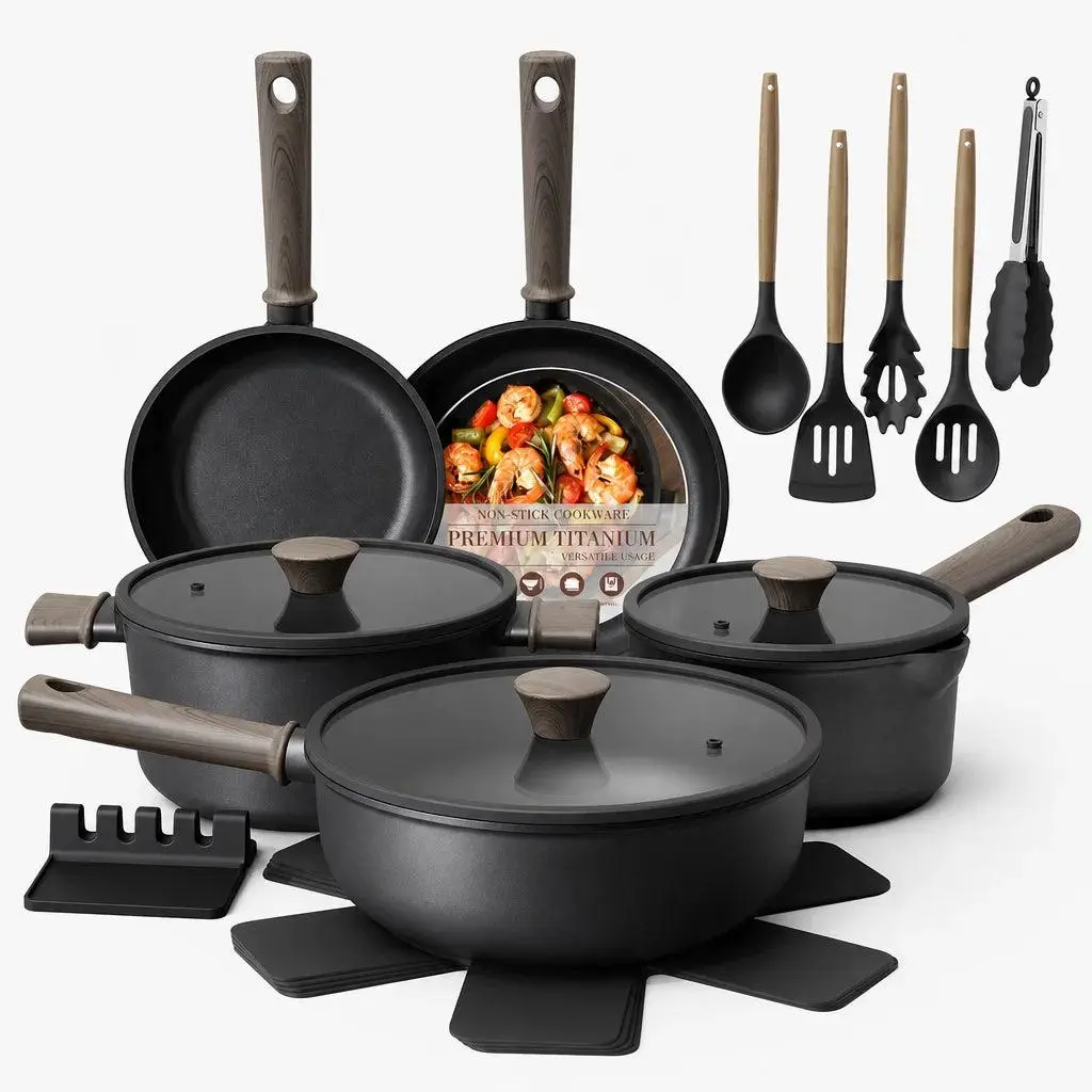 Astercook 18-Piece Titanium Non-Stick Aluminum Cookware Set - Skillet Set, Pots, Large Frying Pans, Omelette Pans, Induction-Ready, Oven-Safe, Wooden Grip Handles for Indoor Cooking,familyfun