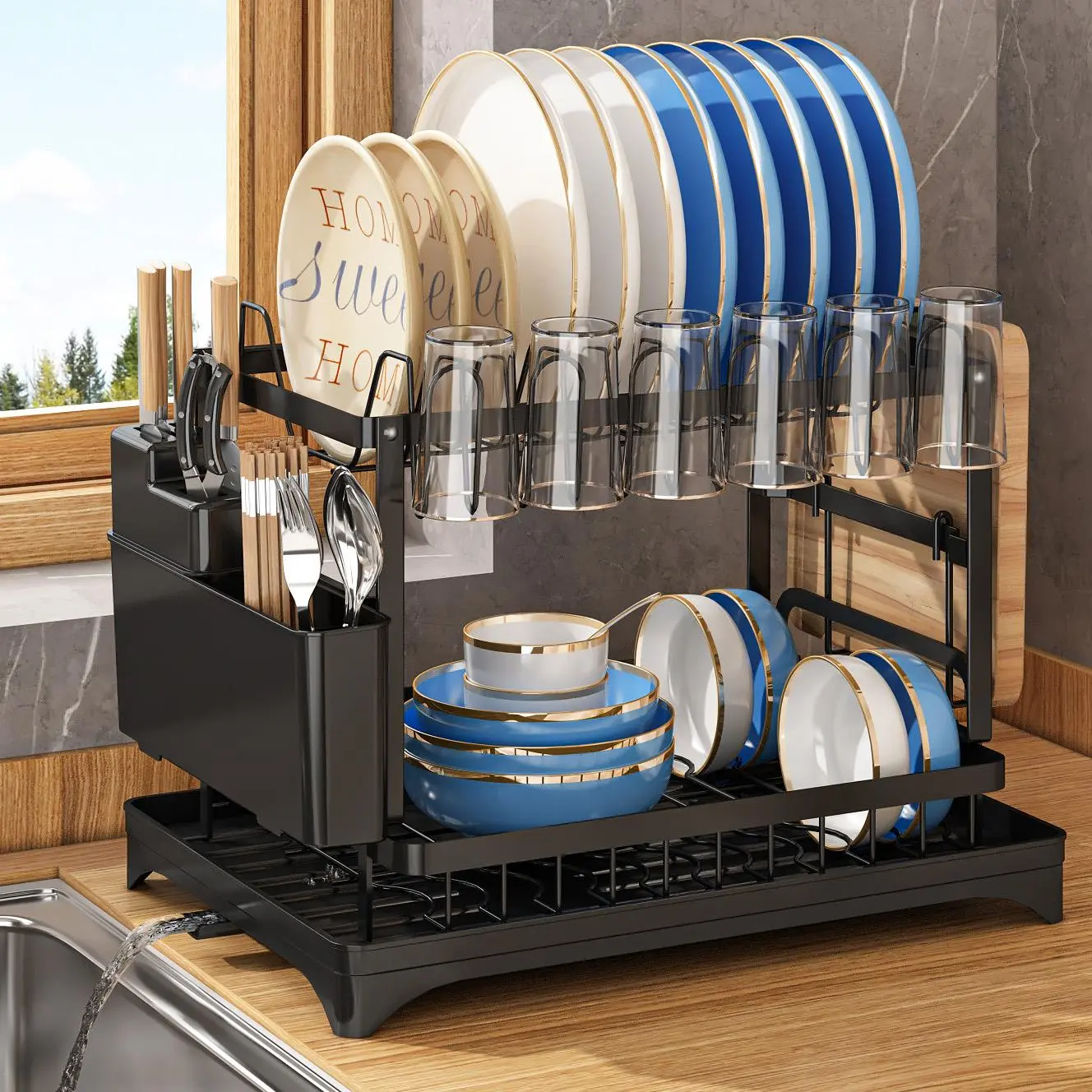 Dish Drying Rack, 1 Count 2-Tier Dish Rack With Drainboard, Countertop Dishes Rack, Dish Drainer Rack, 2-layer Foldable Tableware Drain Storage Rack, Kitchen Accessories, Home Decor