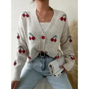 Women'sCherryPatternButtonFrontKnittingLongsleevesCardigan,CasualElegantLongSleeveSweaterCardiganforFall&Winter,Women'sKnitClothingforDailyWear,CardiganforWomen,Women'sCardigan,Womenswear,Knitwear,Clothe