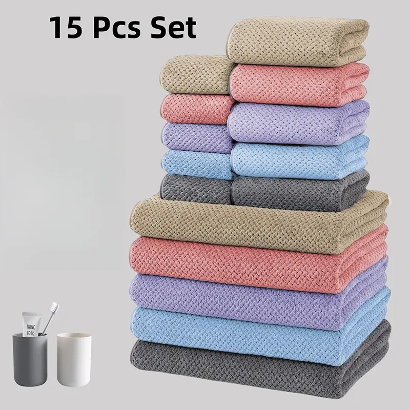 15pcs Bath Towel Set, Towels for Bathroom, 5 Large Hand Towels 70x140 Cm, 5 Medium Hand Towels 35x75 Cm, 5 Face Cloths 35x35 Cm, Soft Coral Fleece, Absorbent Towel Set