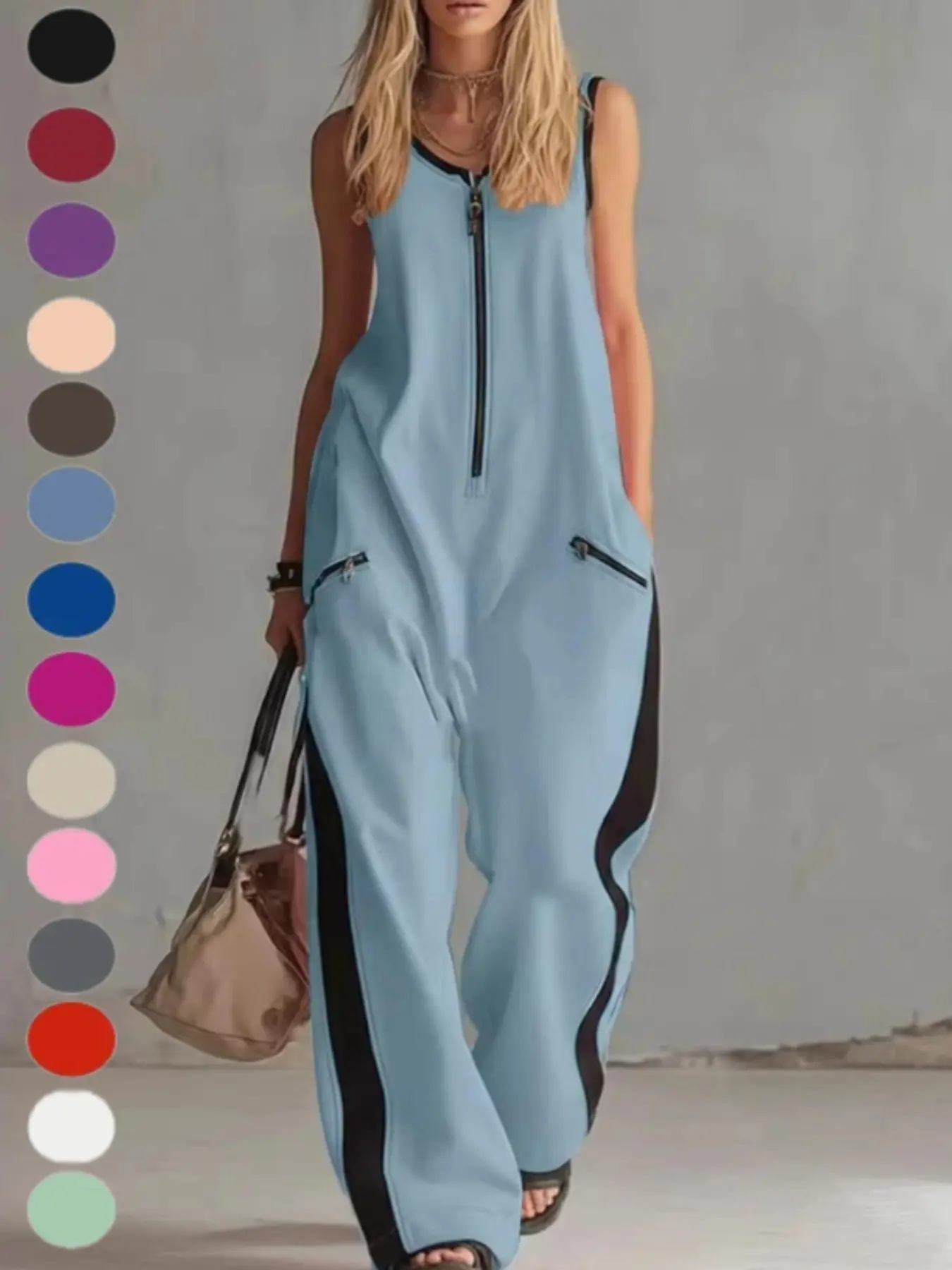 Women's Summer Casual Basic Womenswear Overall Pants, casual zipper overalls, Short Sleeve Zipper Round Neck, Sleeveless Design, European and American Style, 2026 New Arrival