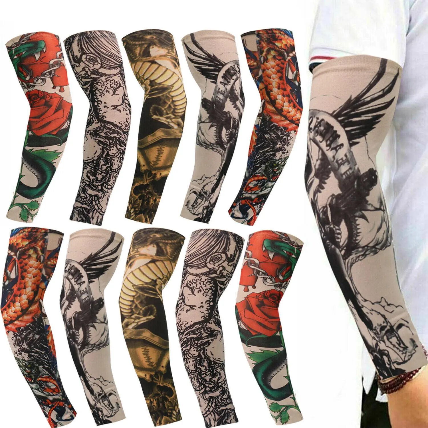 10-Pack Elastic Breathable Cooling Ice Silk Tattoo Arm Sleeves - Sun Protection Bug Bite Shield, Sporty Chic Cooling Arm Covers for Hiking/Light Outdoor, Running