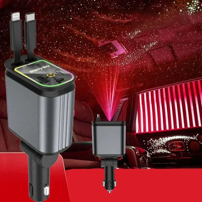 80cm 4-in-1 Retractable Type-C Charger with Starry Sky Spotlight, Dual Ports, 2 Fast Charging Cables Included, Retracts Easily, Car Roof Mounted, Compatible with iPhone 16/15/14/13/12/11 Pro Max Plus/iPad/Samsung, Car Accessory
