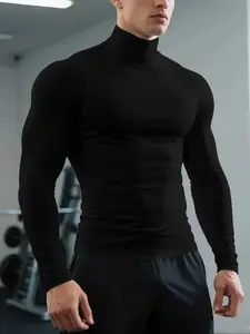 Men's High Neck Long Sleeve Slim Fit Fitted Warm Top, Casual Letter Pattern Kint Fabric, Summer Fashionable Clothing for Men