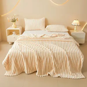 TORAX Super Soft Queen Blanket - Ivory Premium Silky Flannel Fleece 3D Ribbed Jacquard Lightweight Bed Blanket for All Seasons