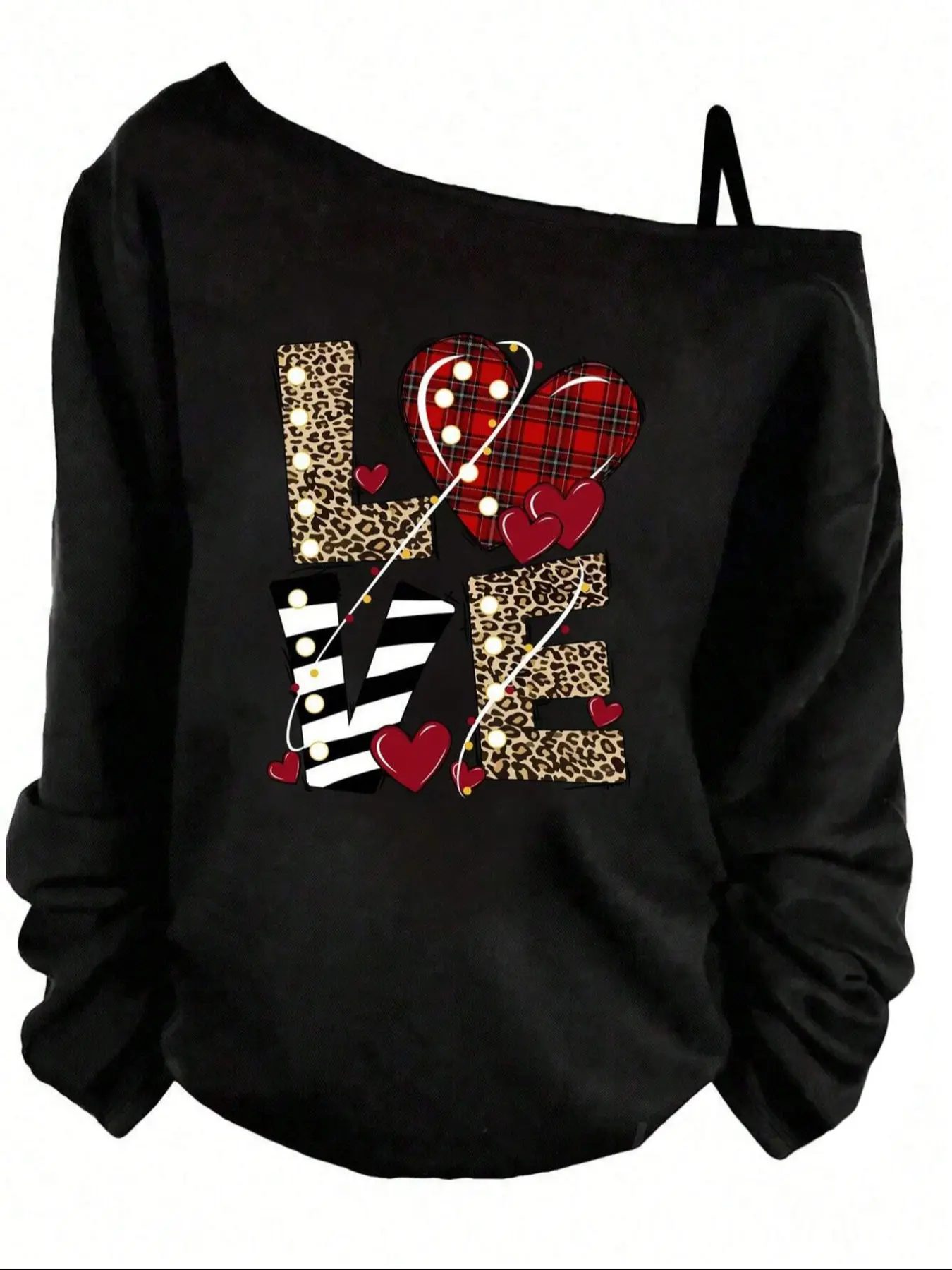 Women's Leopard Print Love Letter Top, Casual Everyday Fitted Loose Shoulder Long Sleeve Blouse, Knitted Casual Top, Casual Fashion Knitwear, Adjustable Straps, Spring & Fall Comfortable Fashion
