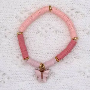 Cherry Blossom Handmade Clay Bead Bracelet Set - 3 Stackable Pink Beads with Gold Accents & Butterfly Charm - Comfortable Elastic String - Perfect Gift for Any Occasion