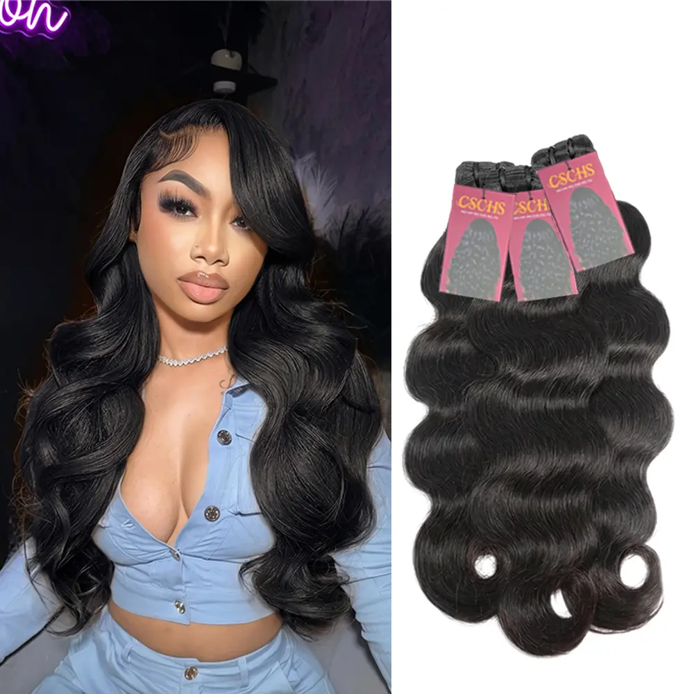 CSCHS Unisex 100% Human Hair Bundles, Brazilian Virgin Body Wave Hair Weave, 1-30 in Natural Black, Soft & Thick, No Shedding, Lightweight, 1/3 Bundles, Body Wave Wig, Long Volume, Body Wave Hairstyle, Natural Wavy Hairpieces