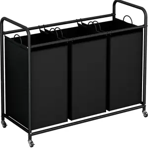 3-Bag Section Laundry Basket Metal Laundry Cart clothing Sorter with Heavy Duty Rolling Lockable Wheels and Removable Bags for Laundry Room