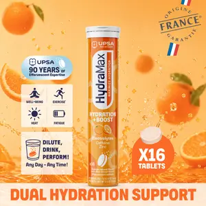 HydraMax Hydration + Boost Effervescent Tablets – Electrolytes with Caffeine, Zinc, Magnesium, Orange Flavor, 16 Tablets, Daily Multivitamin