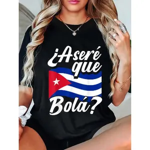 Women's 100% Cotton Casual Fitted Round Neck Short Sleeve T-Shirt - Cuban Flag Print, "Asere Que Bola?" Cuban Sayings Streetwear Tops, as photos