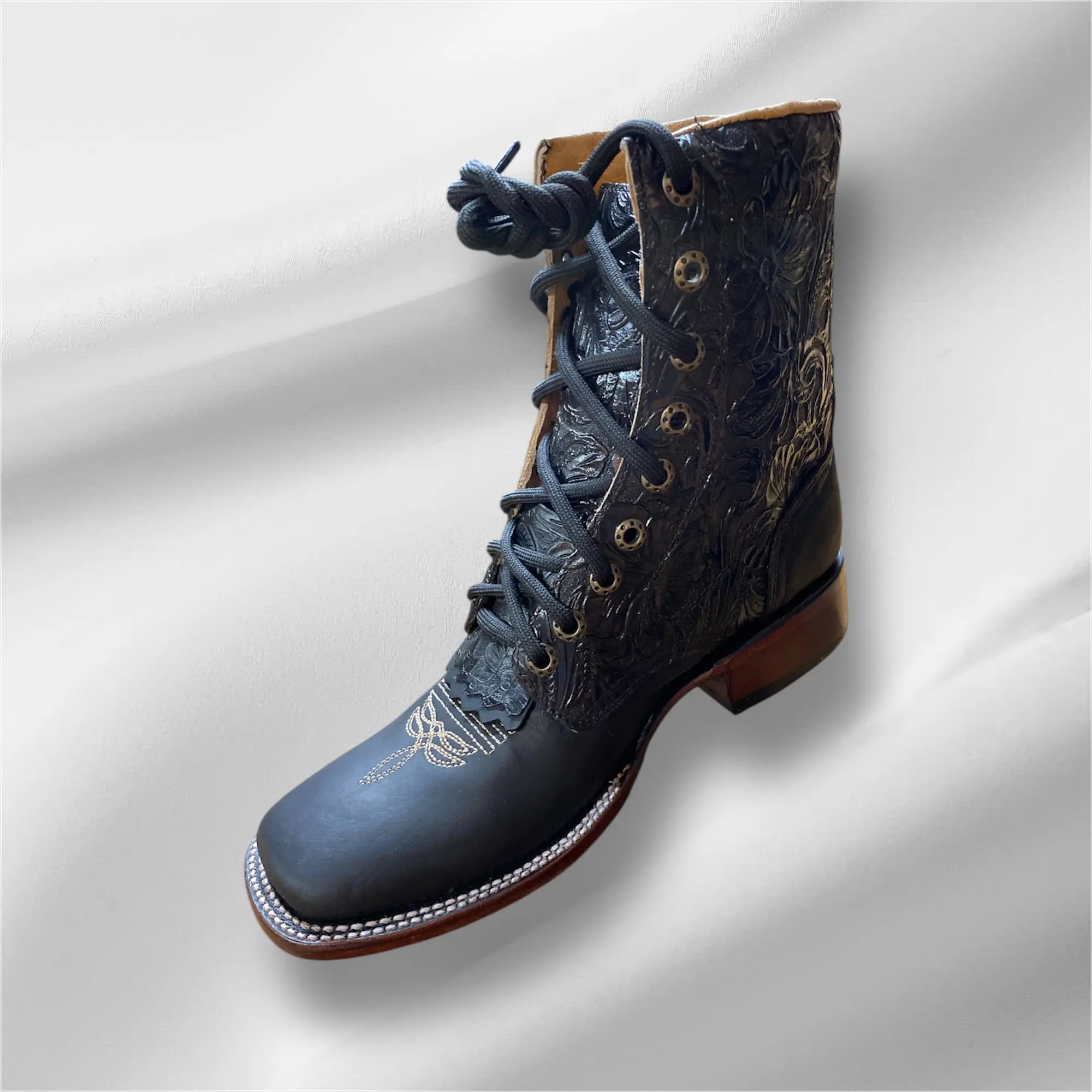 Asinselado Women's Black Lace-Up Boots with Intricate Embossed Design and Comfortable Sole