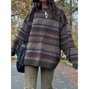 Women’s Striped Casual Knit Pullover Sweater, Long Sleeve Crewneck, Vintage Preppy Style