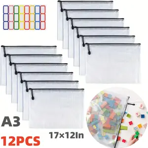 12 Pack A3 Plastic Mesh Zipper Bag - PVC Semi Transparent Storage Bag 17 X 12 Inches, with Zipper and Lanyard, Water Proof, Durable and Reusable Storage Bag for Office Supplies, Documents, and Handmade Materials, Organiser Gift