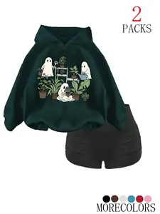 Women's Fall Winter Hooded Sweatshirt Matching Set, Ghost Plant Print, Casual Fitted Design, Perfect Halloween Decor, Ideal for Daily Wear