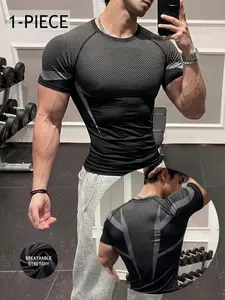 Men's Quick-Dry Compression T-Shirt, Short Sleeve, Cool Fang Print, High Stretch, Breathable, Moisture-Wicking, Ideal for Gym, Running, Outdoor Training & Casual Wear, Round Neck Tops, Fitted Sportswear
