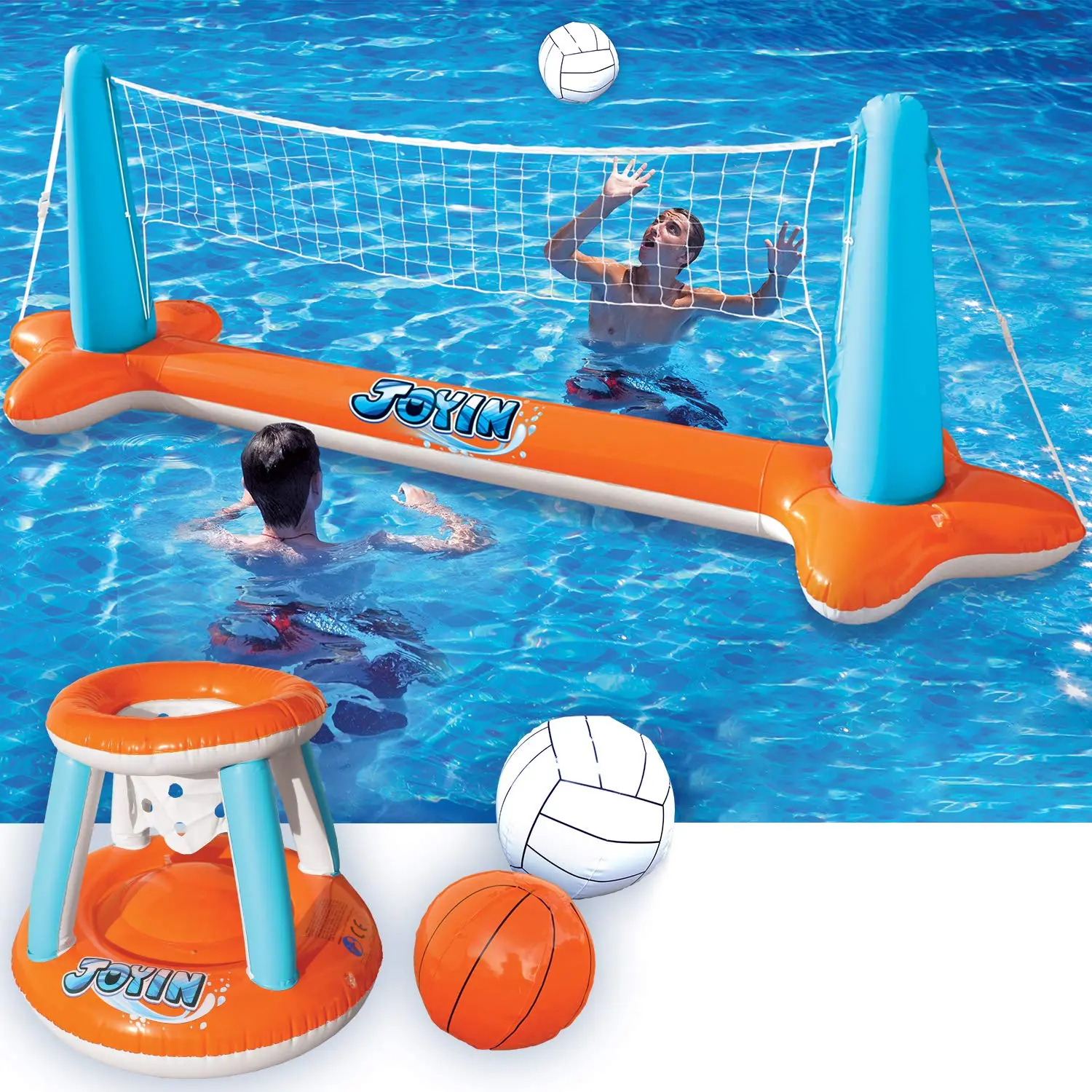 Inflatable Pool Float Set Volleyball Net & Basketball Hoops, Floating Swimming Game Toy for Kids and Adults, Summer Floaties, Volleyball Court (L-105”x35”; XL-125”x38” )|Basketball (L-27.6”x23”; XL-27”x29”),   DealsForYouDays