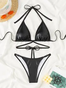 Two-Piece Set Women's Solid Color Tie Back Bikinis Swimsuit for Beach, Casual Tie Back Halter Neck Triangle Top & Adjustable Swim Bottom, Women's Swimwear for Summer