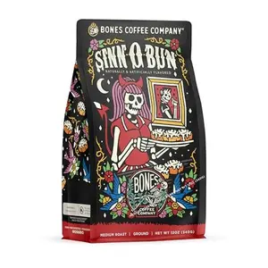Bones Coffee Company Sinn 'O' Bun Flavored Coffee Beans, Medium Roast Ground Coffee Low Acid, Cinnamon Bun Flavor (12 oz)