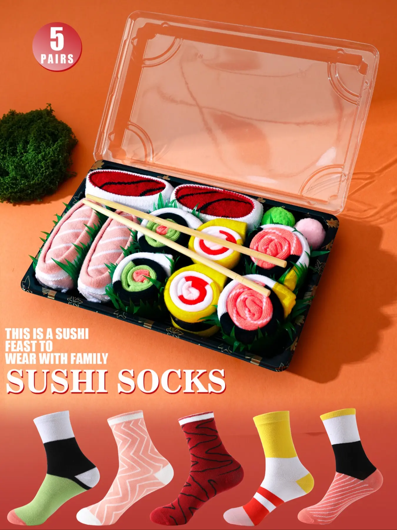 5 Pairs Mid-Calf Gift Socks Unisex Soft, Casual Stylish Socks in Gift Box Sushi Food-inspired Design Cozy Spring/Summer Sports Socks for Valentine's Day/Party All-season Wear for Gym