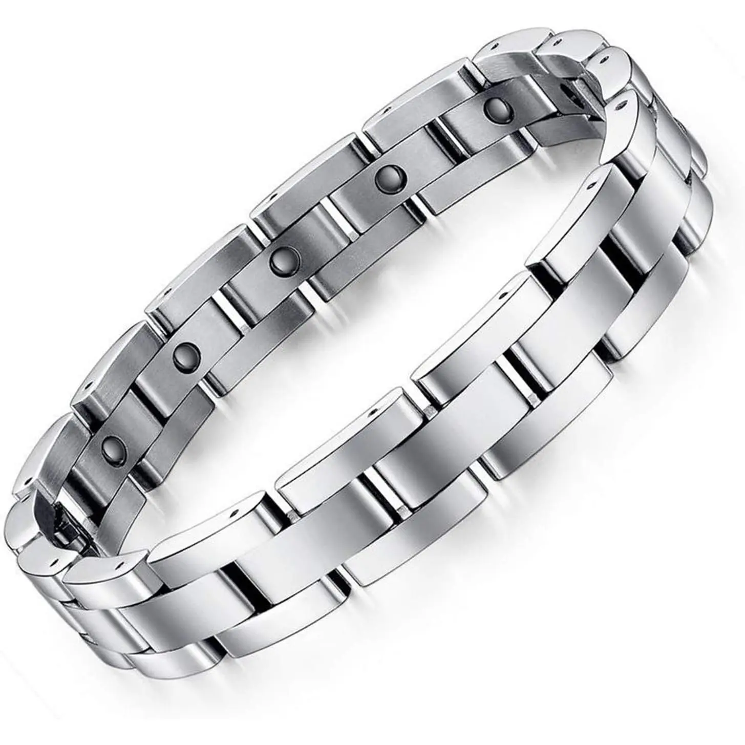 Men's Metal Bracelet in Silver-Tone Stainless Steel & Titanium - Wearable Fashion Jewelry for Stacking with Magnetic Fit & Size Adjuster, Accessories, Casual Wear, Magnetic Link