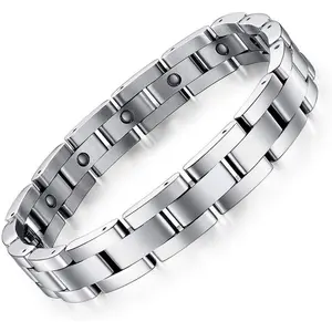Men's Sleek Stainless Steel & Titanium Magnetic Bracelet with Sizing Tool, Fashion Jewelry Gift (Silver)