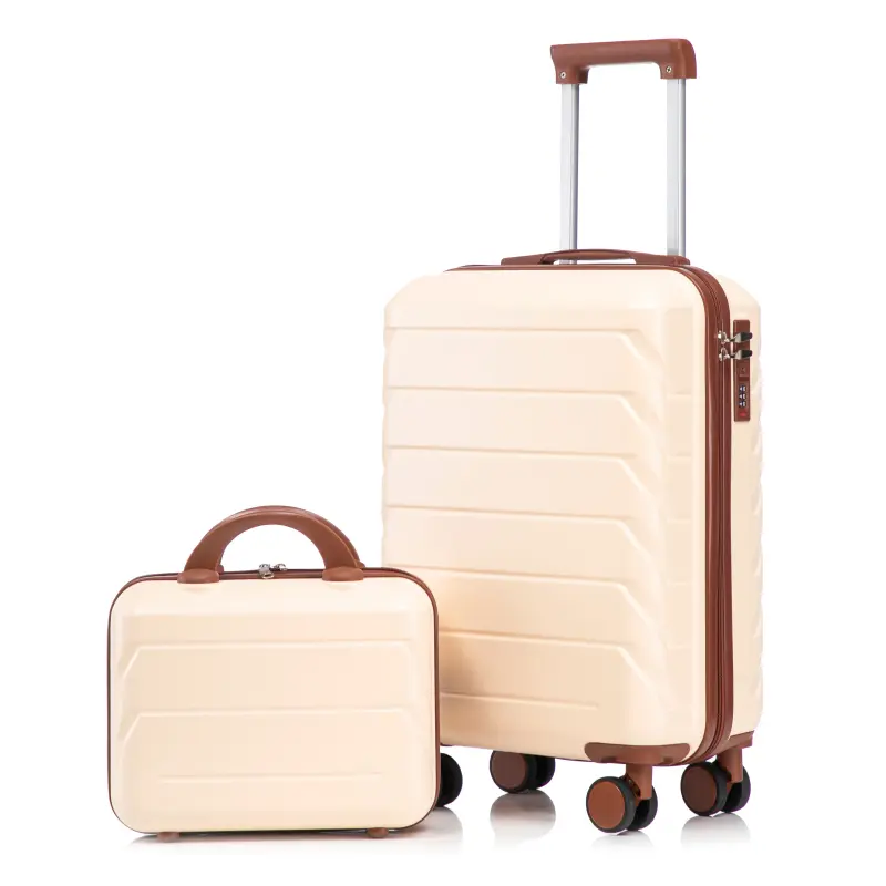 2-Piece Luggage Set, Lightweight ABS Hard Shell Suitcase with 14" Cosmetic Case, Stripe Design with Double Spinner Wheels, Beige, Lightweight Luggage, Spinner Wheels Luggage