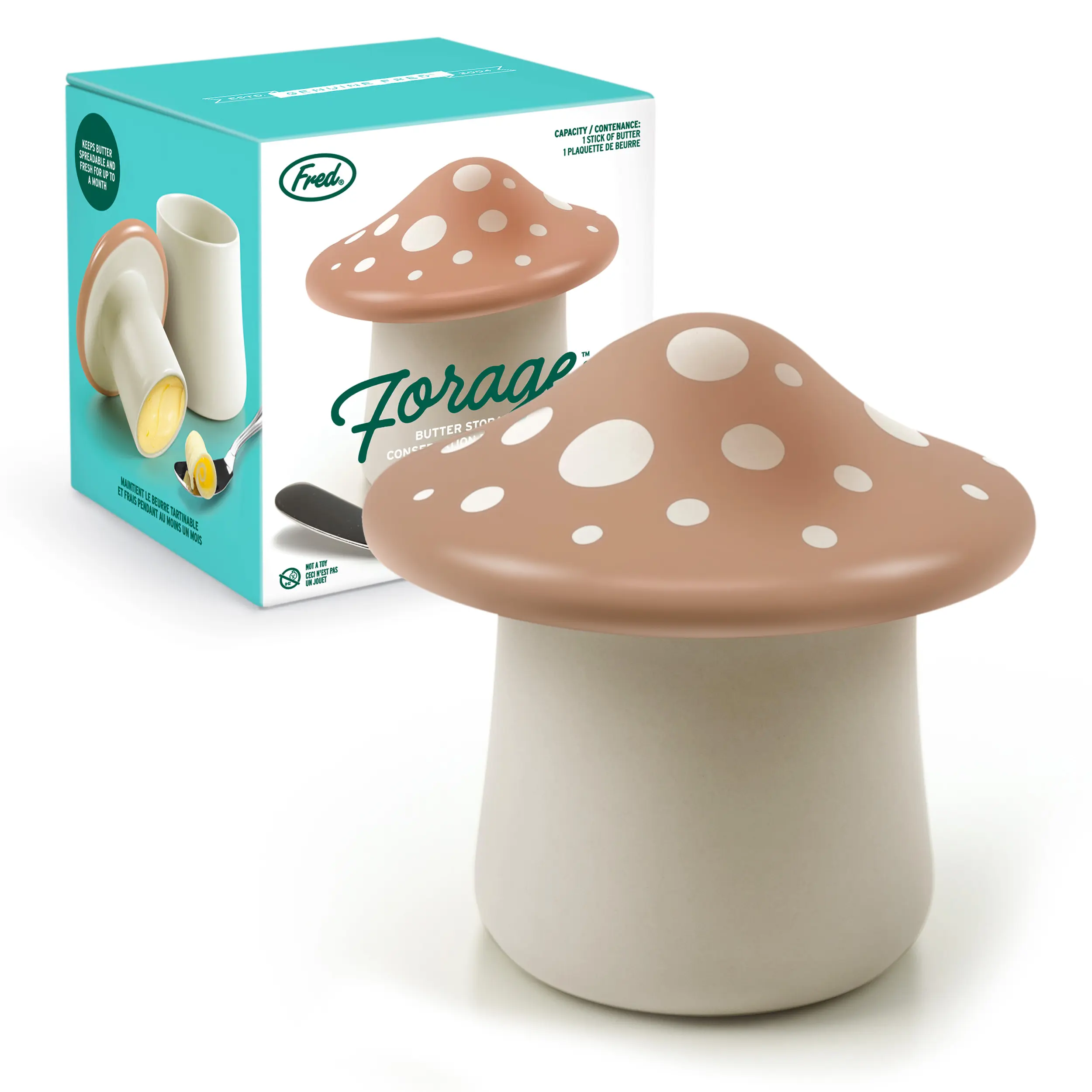 Genuine Fred Forage Ceramic Butter Canister – Cute Mushroom Design Kitchen Storage, Keeps Butter Fresh Up to 1 Month – High-Quality Ceramic Home Organizer & Novelty Gift for Home Cooks or Food Lovers