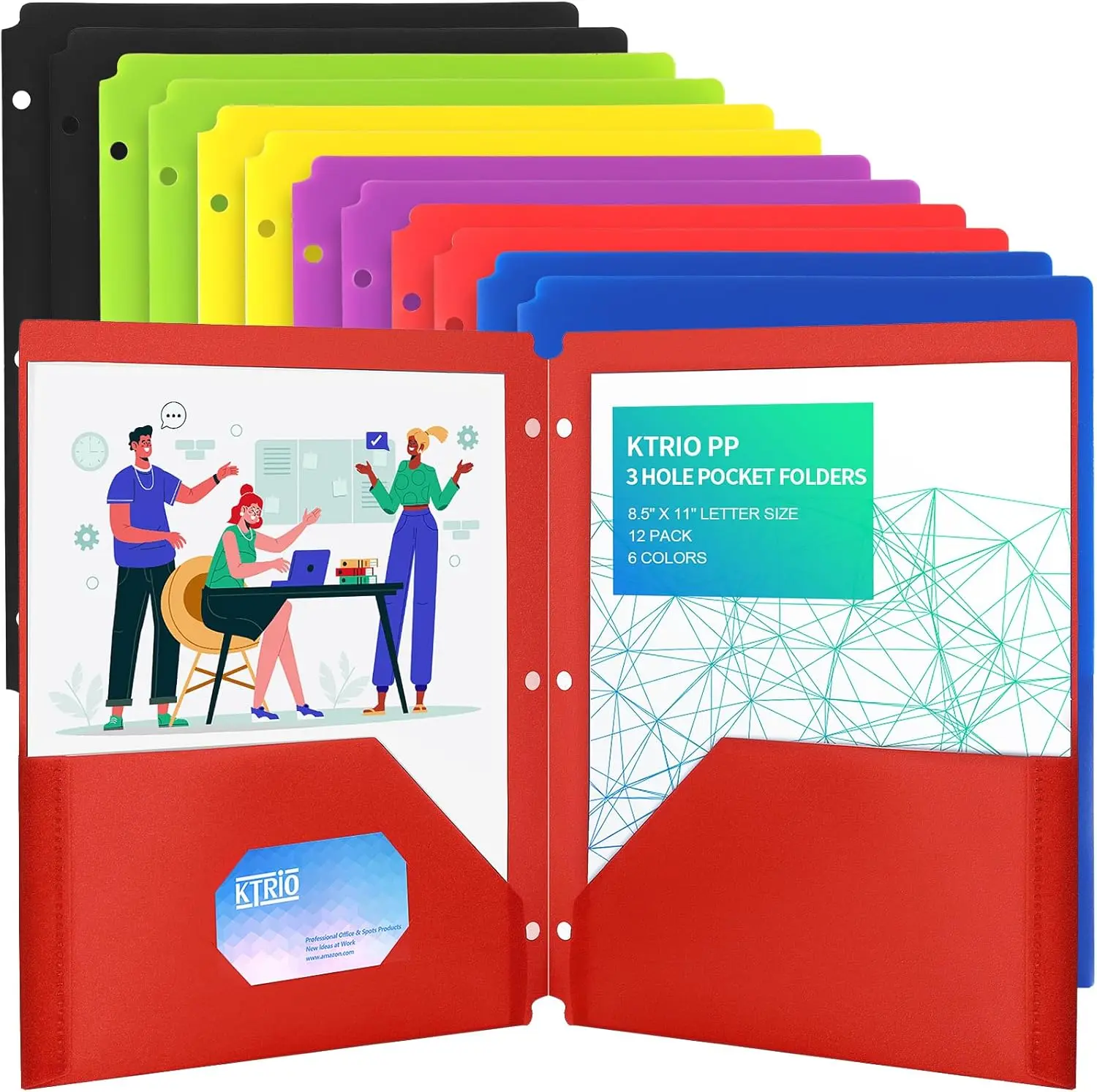 KTRIO 12-Pack Assorted Colored 3-Hole Polypropylene Folders with Pockets, Office Accessories, Anti-Dust Durable Plastic File Organizer for 3-Ring Binder, Letter Size Card Holder Folders, Easy to Clean, Over 100 Pages Capacity for Students