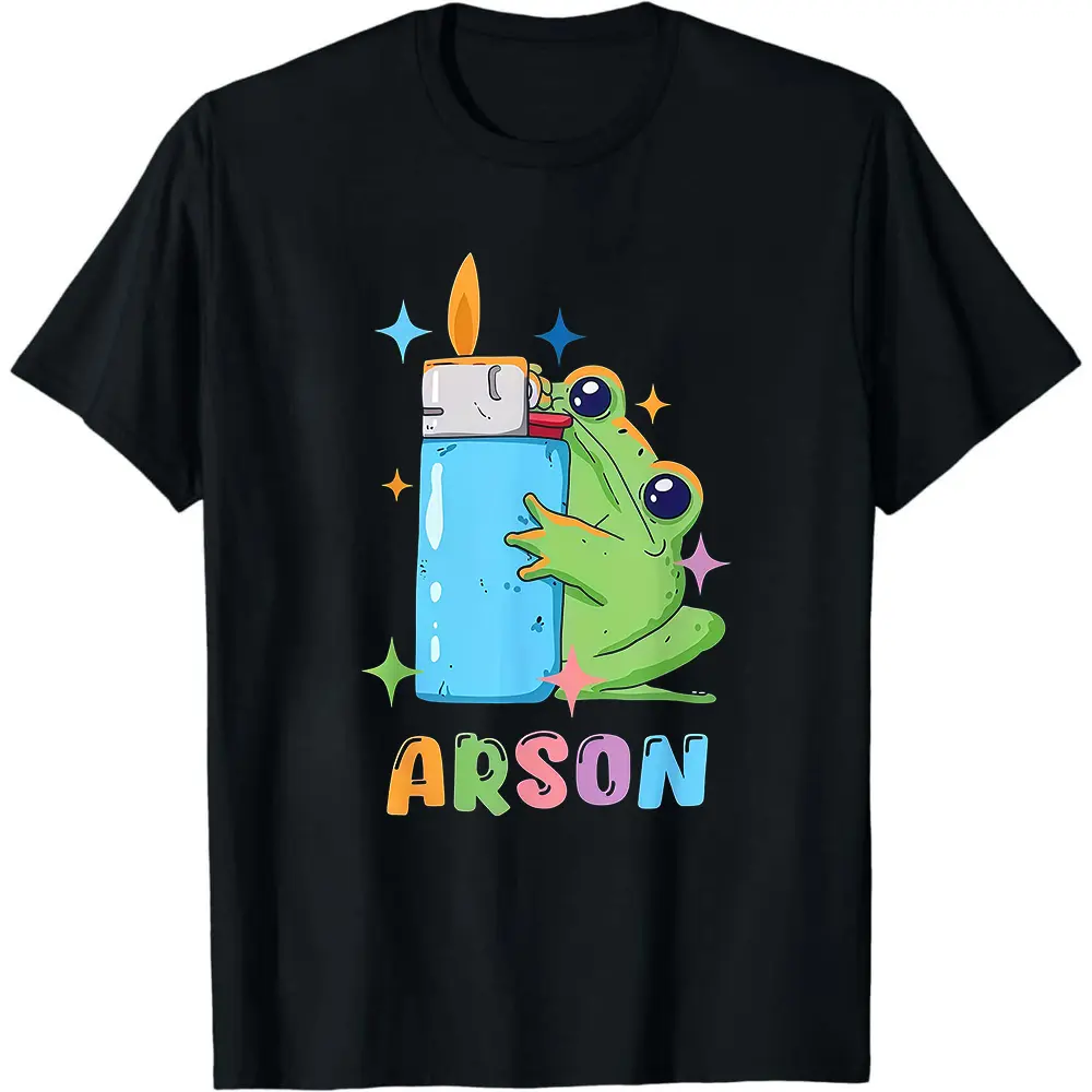 Men'S Funny Arson Frog Matchstick and Flames Graphic T-Shirt| Soft Breathable Black Tee with Pyro Comic Design, Costume Outfit (S-XXXL) - Perfect Gift for Dark Humor Fans and Comedy Lovers, PLUS SIZE