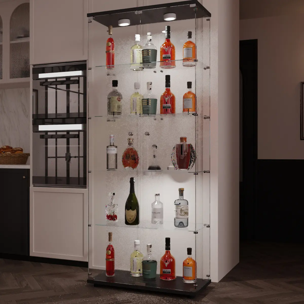 Tempered Glass Display Cabinet with Lock and LED Puck Lights, Tall Glass Curio Cabinet Storage Organizer for Liquor Trophy Figures, Adjustable Feet, Black