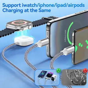 3-in-2 Fast Charging Cable Nylon Braided Magnetic iWatch Charger USB A C Lightning Type C Cord for iPhone Apple Watch AirPods iPad Samsung Android Phones Universal Charger for Car Home Office Travel Use 27W Fast 60W Power Delivery data cable