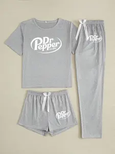 Women's Three-Piece Sleepwear Set Pajamas, Dr Pepper Print Design, Fitted Casual Style, All-Season Comfortable Wear